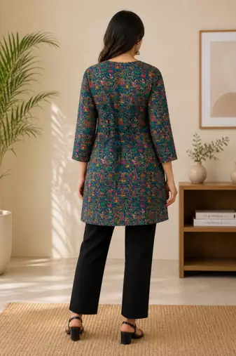 Teal blue colour elegant floral printed rayon kurti casual wear collection