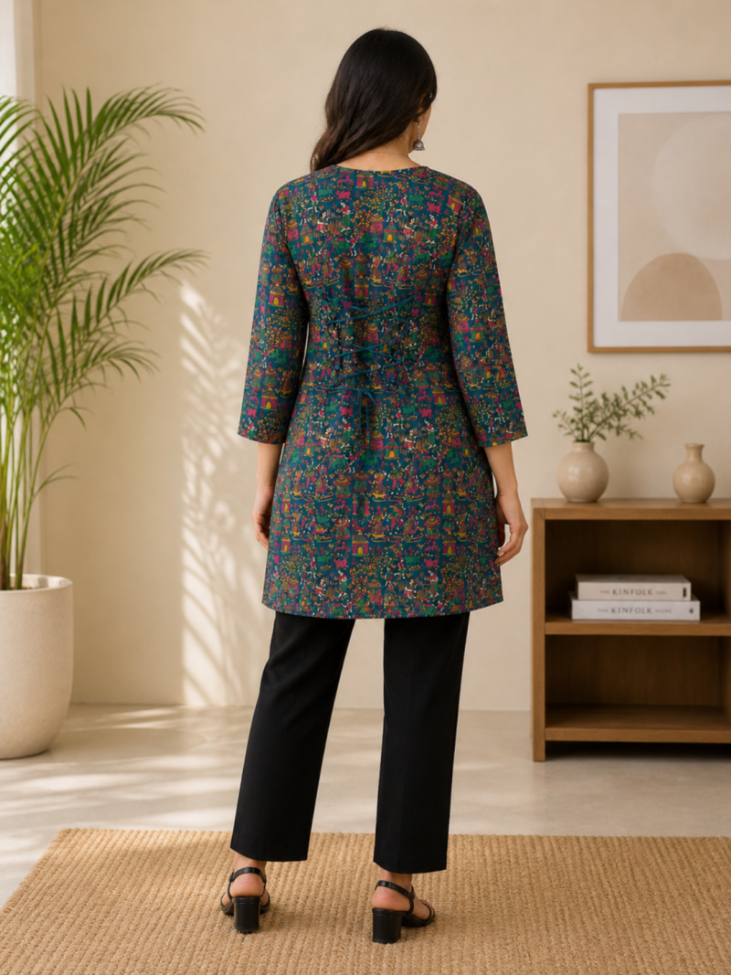 Teal blue colour elegant floral printed rayon kurti casual wear collection
