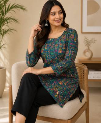 Teal blue colour elegant floral printed rayon kurti casual wear collection 3