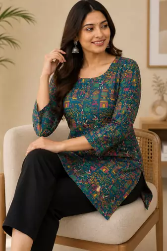 Teal blue colour elegant floral printed rayon kurti casual wear collection