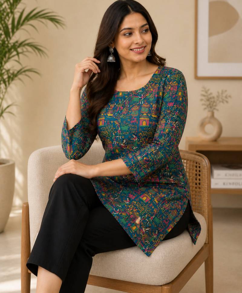 Teal blue colour elegant floral printed rayon kurti casual wear collection