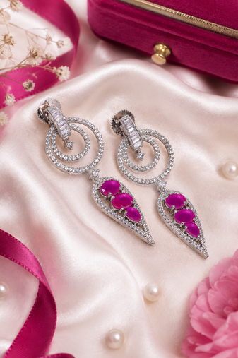 Rhodium Finish Magenta Halo Drop Earrings