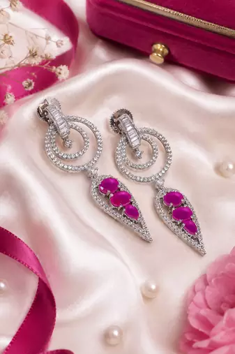 Rhodium Finish Magenta Halo Drop Earrings