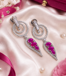 Rhodium Finish Magenta Halo Drop Earrings