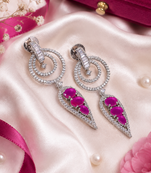 Rhodium Finish Magenta Halo Drop Earrings