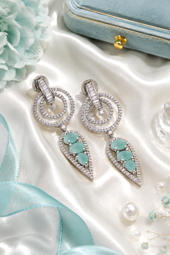 Rhodium finish mint halo drop earrings