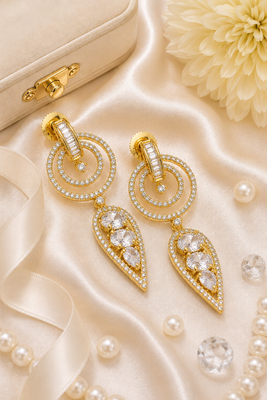 Gold finish white halo drop earrings 1