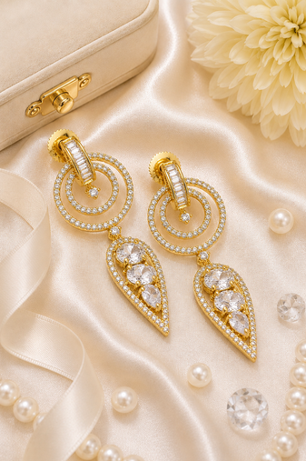 Gold finish white halo drop earrings