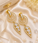 Gold finish white halo drop earrings
