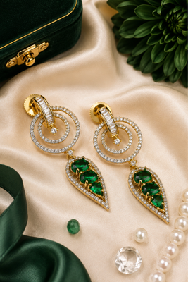 Gold finish emerald halo drop earrings 1