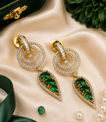 Gold finish emerald halo drop earrings