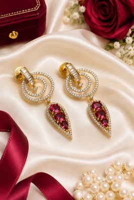 Gold finish ruby halo drop earrings 1