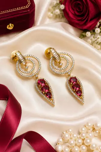 Gold finish ruby halo drop earrings