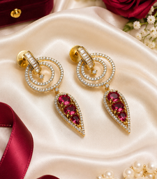 Gold finish ruby halo drop earrings
