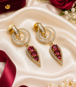 Gold finish ruby halo drop earrings