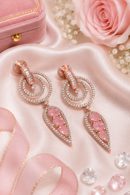 Rose gold finish blush pink halo drop earrings 1