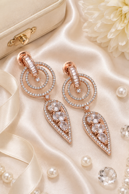 Rose gold finish white halo drop earrings 1