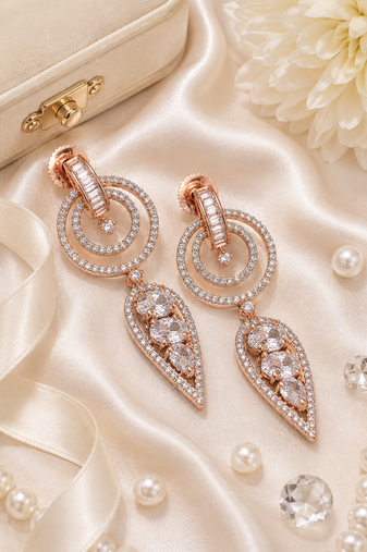 Rose gold finish white halo drop earrings