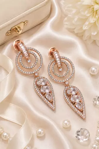 Rose gold finish white halo drop earrings