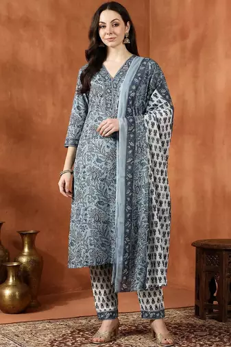 Women Floral Printed Regular Pure Cotton Kurta with Trousers & With Dupatta
