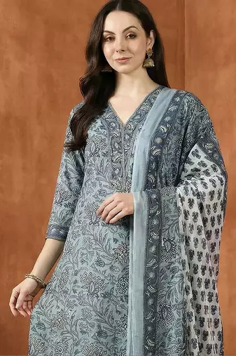 Women Floral Printed Regular Pure Cotton Kurta with Trousers & With Dupatta