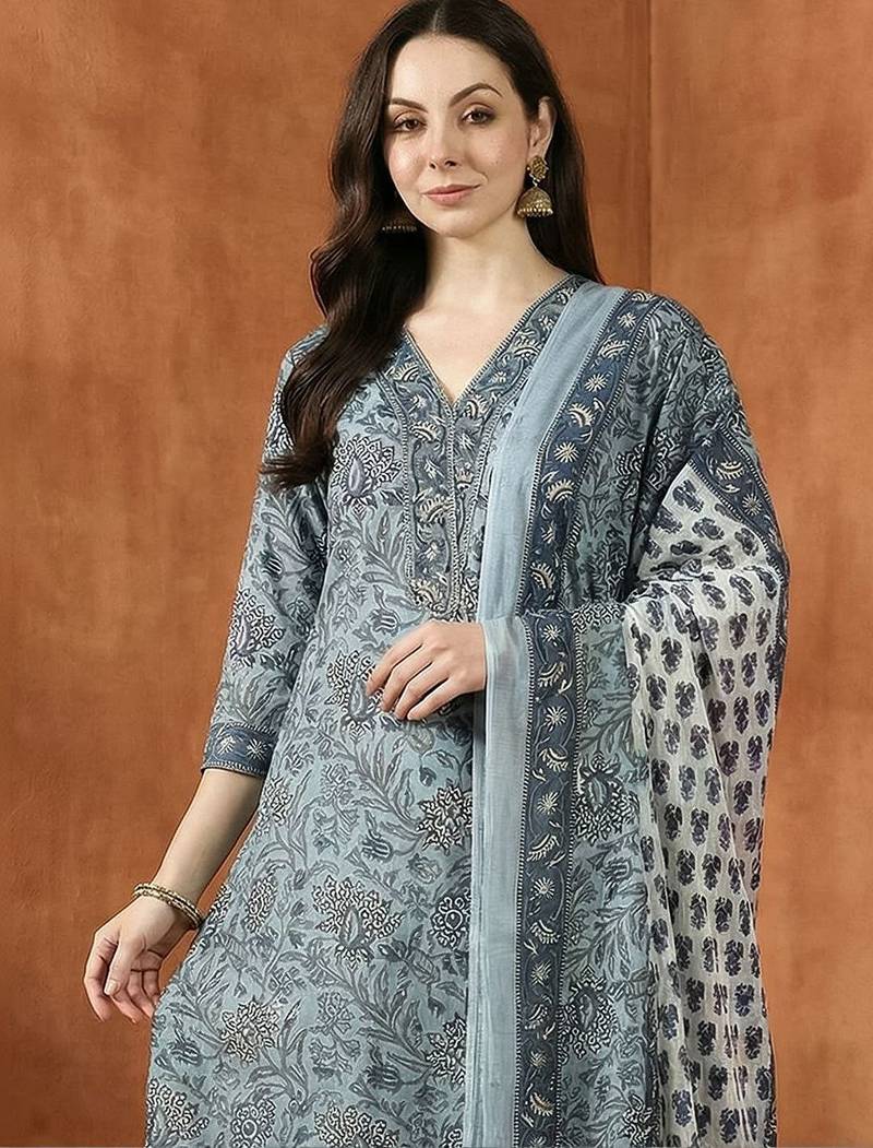 Women Floral Printed Regular Pure Cotton Kurta with Trousers & With Dupatta
