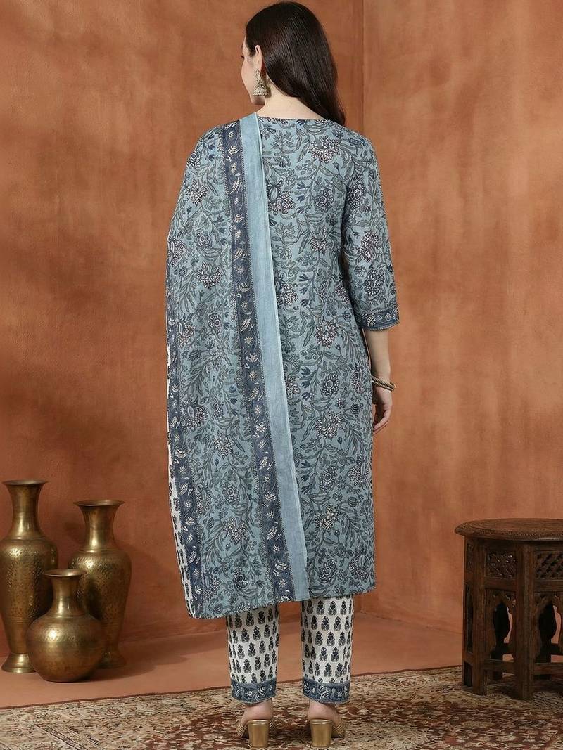 Women Floral Printed Regular Pure Cotton Kurta with Trousers & With Dupatta