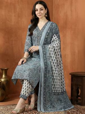 Women Floral Printed Regular Pure Cotton Kurta with Trousers & With Dupatta 5