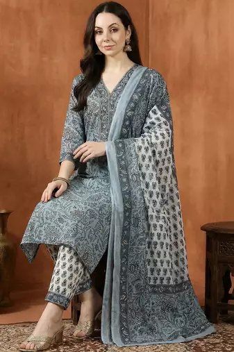 Women Floral Printed Regular Pure Cotton Kurta with Trousers & With Dupatta