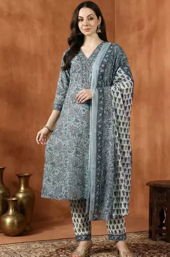Women Floral Printed Regular Pure Cotton Kurta with Trousers & With Dupatta