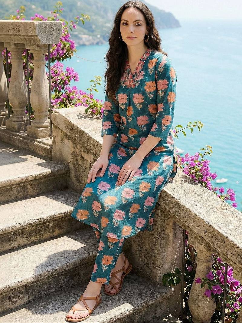 Women Floral Printed Regular Thread Work Pure Cotton Kurta with Trousers