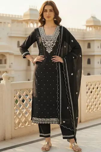 Women Ethnic Motifs Thread Work Pure Cotton Kurta with Trousers & Dupatta