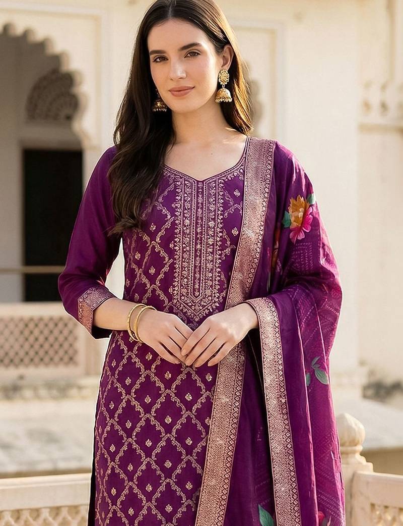 Women Ethnic Motifs Regular Kurta with Trousers & With Dupatta