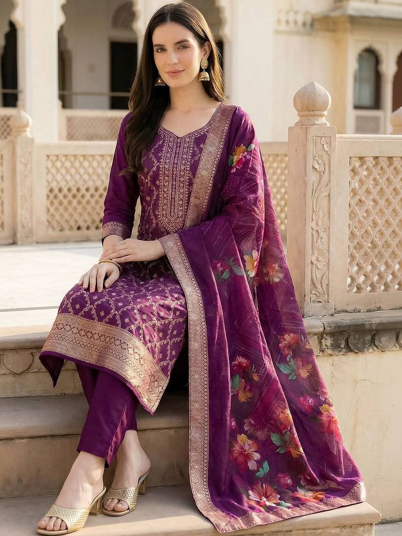 Women Ethnic Motifs Regular Kurta with Trousers & With Dupatta