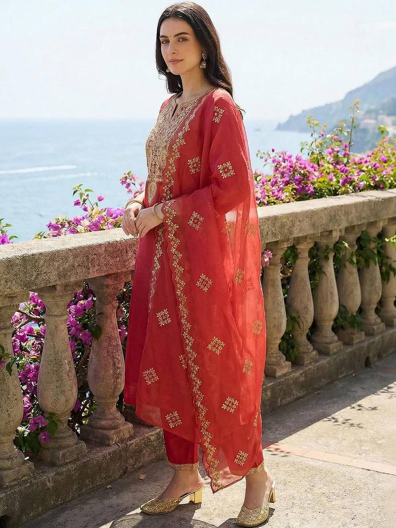 Women Ethnic Motifs Embroidered Regular Thread Work Kurta with Trousers & With Dupatta