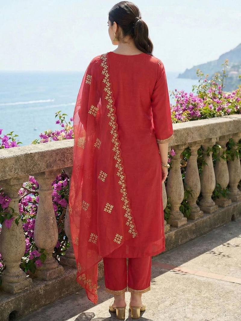 Women Ethnic Motifs Embroidered Regular Thread Work Kurta with Trousers & With Dupatta