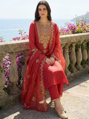 Women Ethnic Motifs Embroidered Regular Thread Work Kurta with Trousers & With Dupatta 6