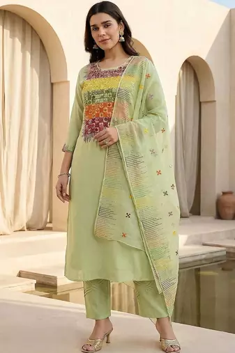 Women Ethnic Motifs Embroidered Regular Thread Work Kurta with Trousers & With Dupatta