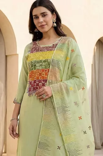 Women Ethnic Motifs Embroidered Regular Thread Work Kurta with Trousers & With Dupatta