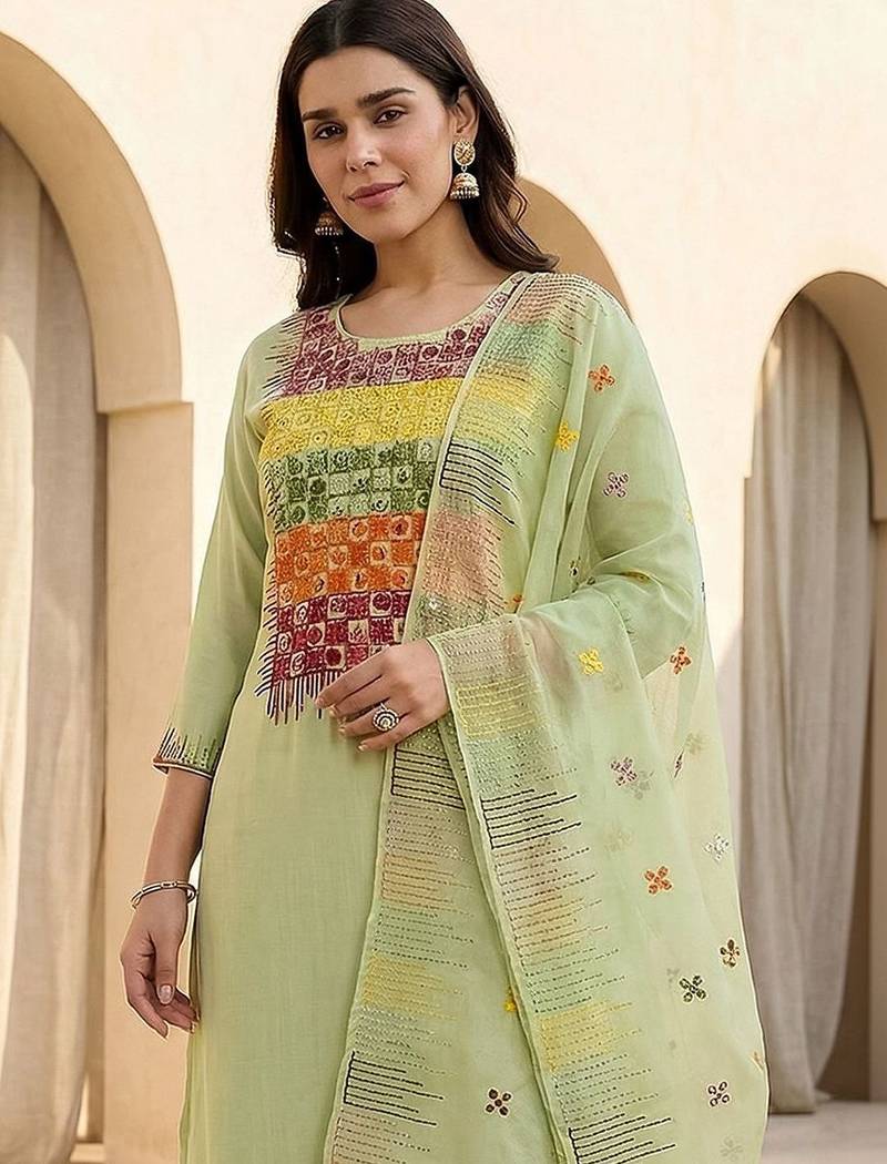 Women Ethnic Motifs Embroidered Regular Thread Work Kurta with Trousers & With Dupatta