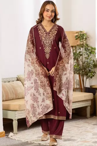 Women Ethnic Motifs Embroidered Regular Thread Work Kurta with Trousers & With Dupatta
