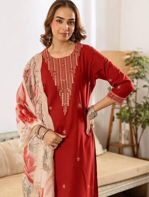 Women Ethnic Motifs Embroidered Regular Thread Work Kurta with Trousers & With Dupatta 1