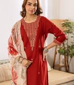 Women Ethnic Motifs Embroidered Regular Thread Work Kurta with Trousers & With Dupatta
