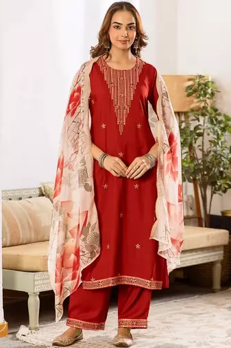 Women Ethnic Motifs Embroidered Regular Thread Work Kurta with Trousers & With Dupatta