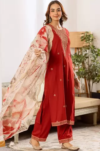 Women Ethnic Motifs Embroidered Regular Thread Work Kurta with Trousers & With Dupatta