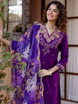 Women Ethnic Motifs Embroidered Regular Thread Work Kurta with Trousers & With Dupatta 1