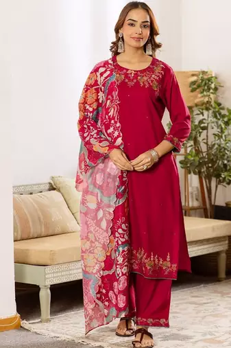 Women Ethnic Motifs Embroidered Regular Thread Work Kurta with Palazzos & With Dupatta