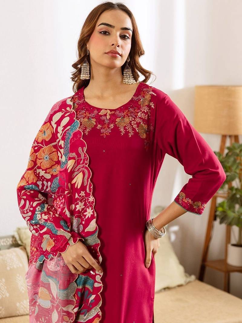 Women Ethnic Motifs Embroidered Regular Thread Work Kurta with Palazzos & With Dupatta