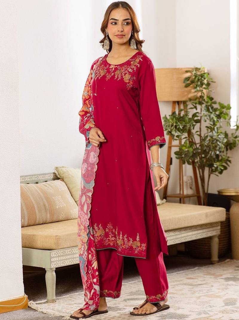 Women Ethnic Motifs Embroidered Regular Thread Work Kurta with Palazzos & With Dupatta
