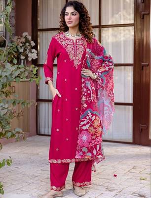Women Ethnic Motifs Embroidered Regular Thread Work Kurta with Trousers & With Dupatta 1